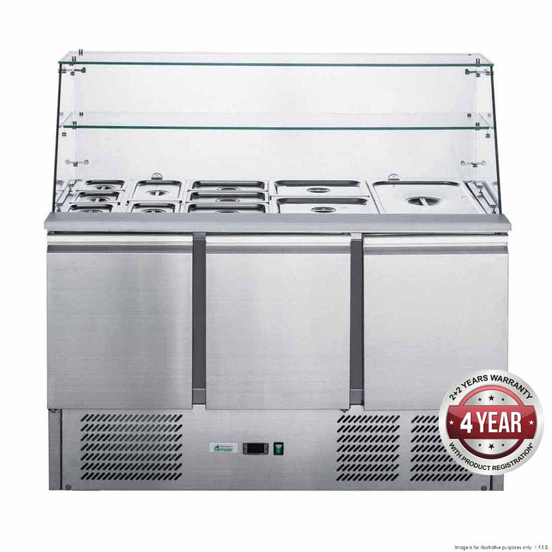 FED-X Three Door Salad Prep Fridge with Glass Top - XS903GC